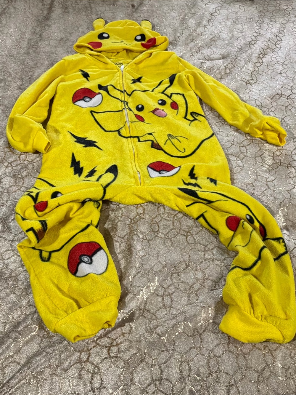 Kids Yellow Pikachu Plush One-Piece Hoodie Romper